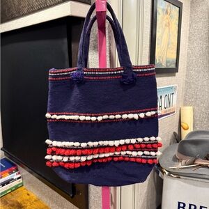 Vintage Arrowcraft shop earthy handwoven Stylish Navy Tote with Pom-Pom Details